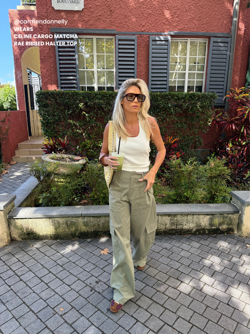 Celine cargo pants matcha green influencer styling Australian boutique resort wear fashion inspiration
