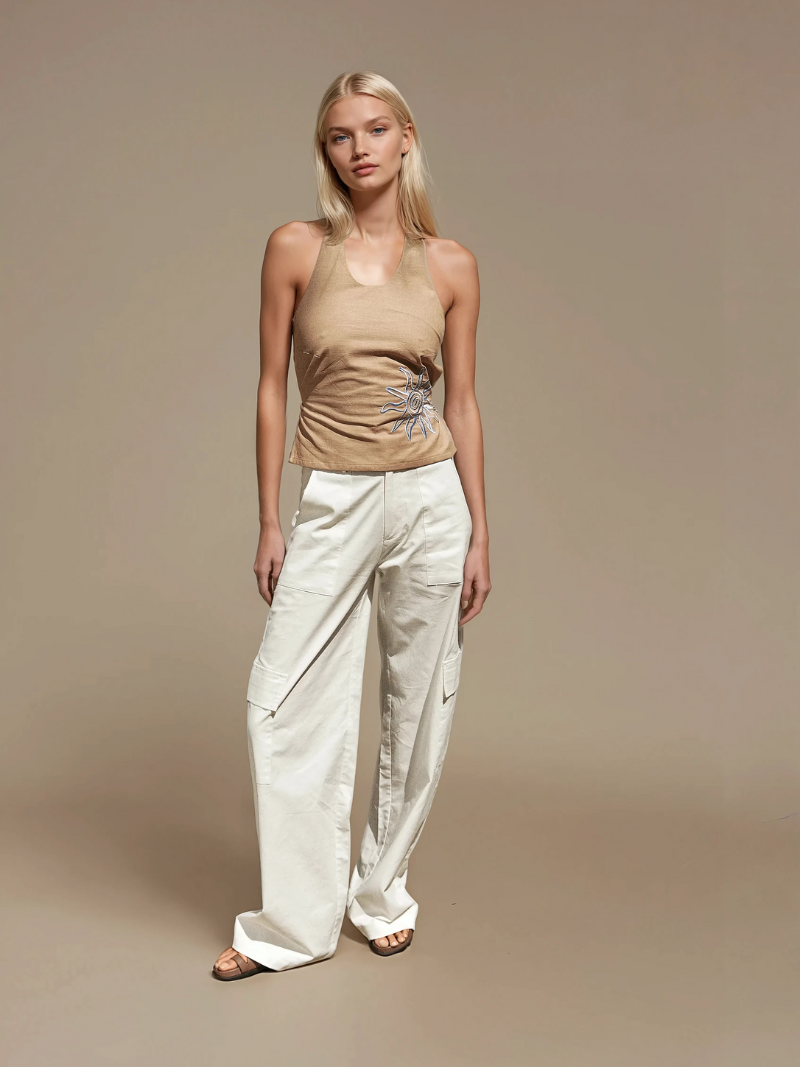 Celine cargo pants white front view Australian boutique resort wear designer fashion
