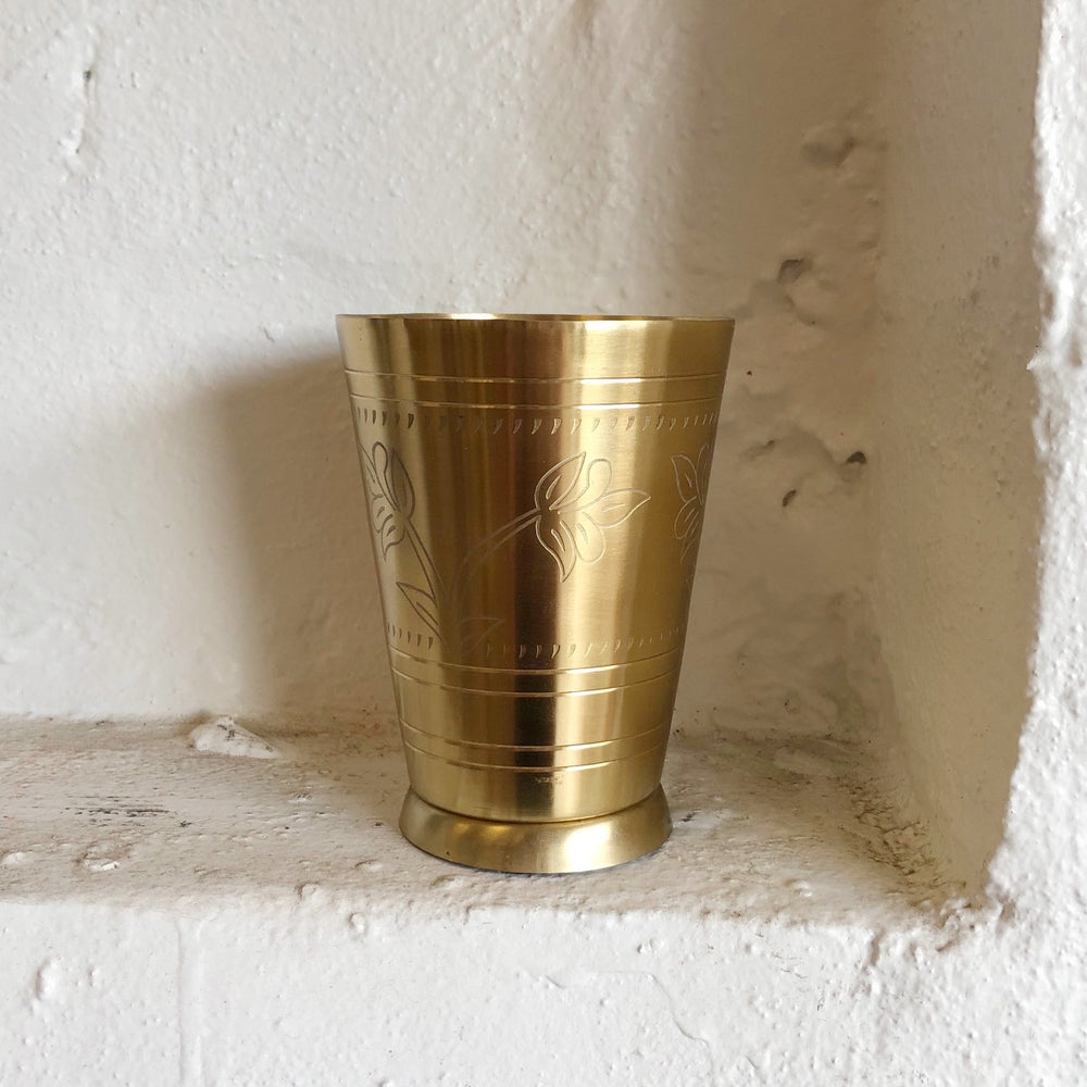 handmade brass lassi cup floral etching