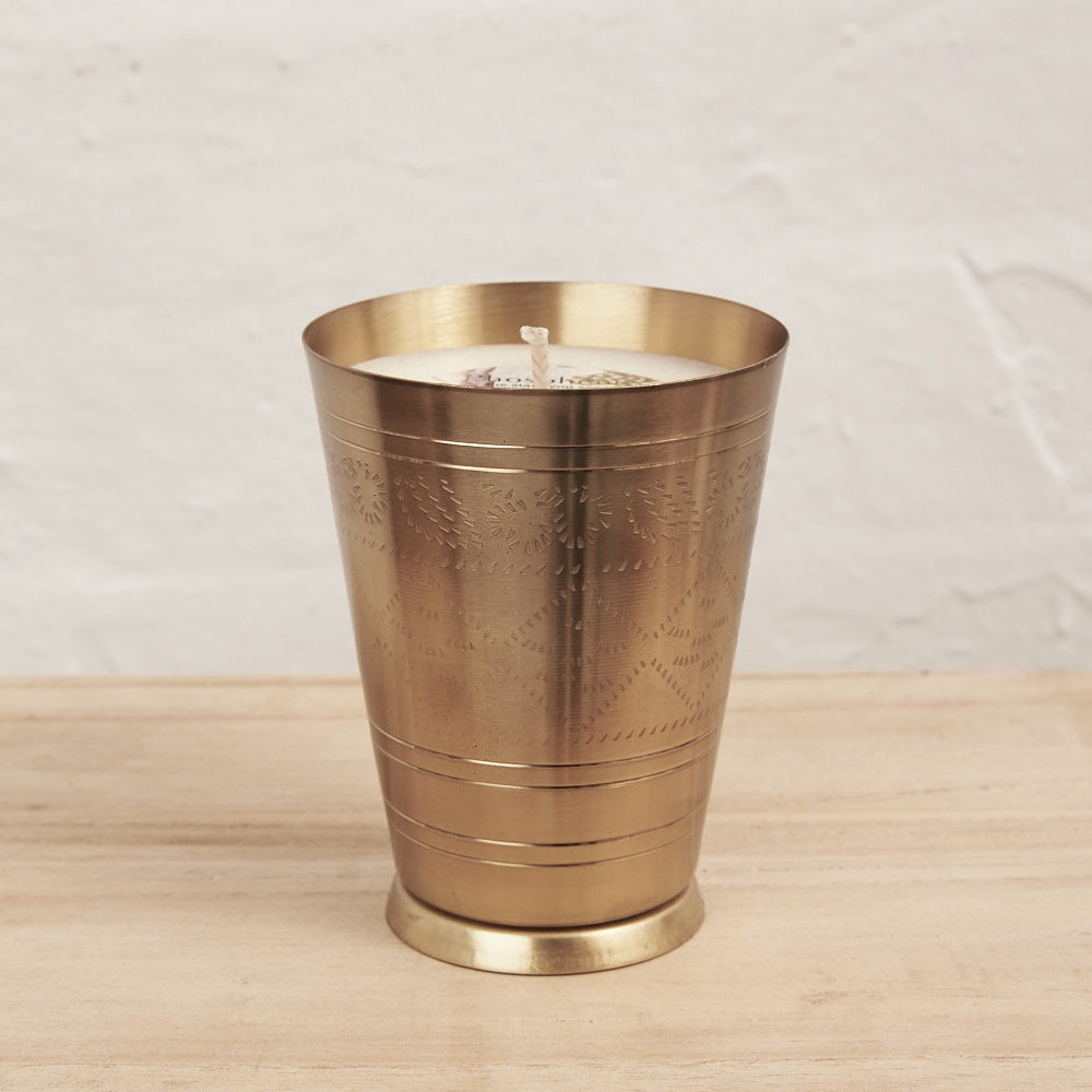 soy candle in handmade brass lassi cup