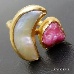 pearl and ruby crescent moon ring